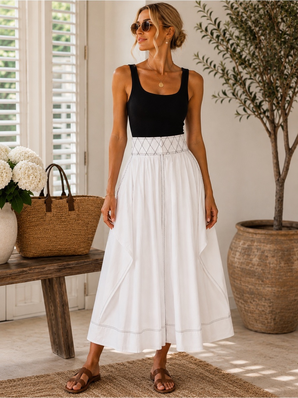 Women’s White Maxi Skirt with Smocked Waist